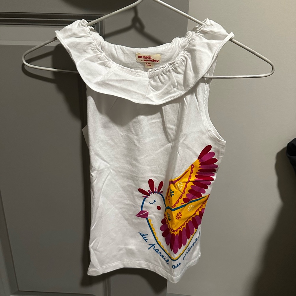 Du Pareil au Même White Ruffle Neck Tank with Bird Print for Girls -Size:6 years